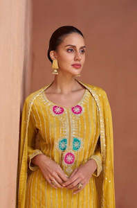 Suits Salwaar: Mustard Yellow Designer Chinon Kurti with Palazzo & Dupatta – Festive & Wedding Wear Set