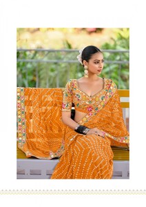 Premium Georgette Embroidered Bright Orange Saree - Festive glamour✨