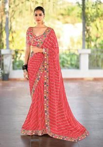 Premium Georgette Embroidered Red Saree - Festive glamour✨