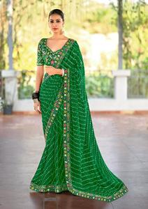 Premium Georgette Embroidered Green Saree - Festive glamour✨