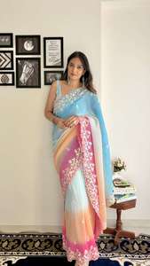 Saris & Lehengas: Aqua Blue Ombre Georgette Saree with Sequin Embroidery
