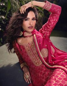 Premium Viscose Jacquard Silk Palazzo Suit Set with Heavy Embroidery – Elegant&hellip;