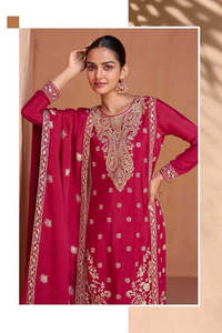 Royal Pink Designer Chinon Kurti with Palazzo & Dupatta – Festive & Wedding Wear Set