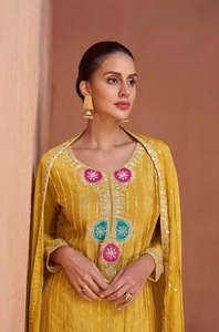 Traditional & Ceremonial: Mustard Yellow Designer Chinon Kurti with Palazzo & Dupatta – Festive & Wedding Wear Set