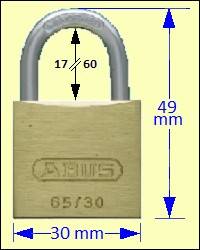 Series 65 Padlocks: ABUS 65/30 Brass Padlock 17, 30, 60mm Shackles