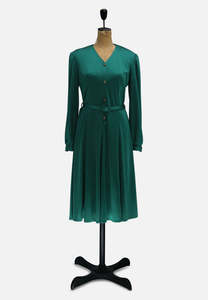 Dresses: Teal Jersey 1970s-1980s Dress with Self-Tie Belt