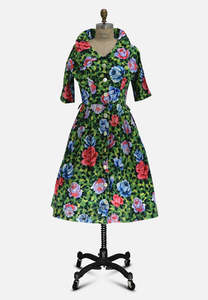 Dresses: Emerald Rose Print Cotton Dress 1950s