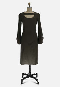 Olive Green Textured Shift Dress with Asymmetric Collar