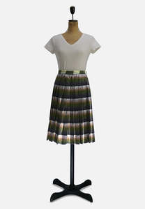 1970s Moss Green & Charcoal Textured Wool Blend Pleated Skirt