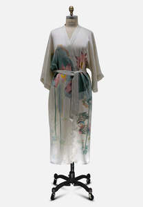 Pale Green Silk Kimono Robe with Lotus and Duck Print