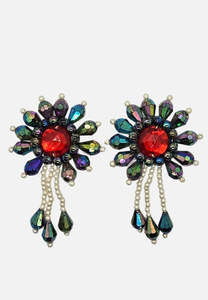 Vintage Maximalist Red Starburst Stud Earrings with Pearl Drops