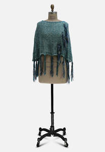 Per Una Teal Open Weave Fringe Cape