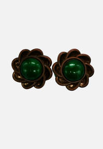 Green Resin Cabochon Flower Clip-On Vintage Earrings