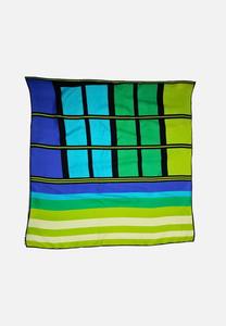 Vintage Japanese Silk Square Scarf in Green Blue Grid Print