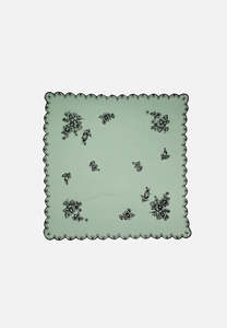 Soft Green Sheer Scarf with Black Floral Print and Scalloped Border