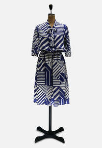 Authentic Vintage Michèle Monrose Paris Navy Blue White Geometric Print Dress