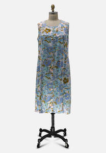 Dresses: Authentic Vintage 1960s Blue Floral Cotton Shift Dress | Periwinkle Teal Olive Gold Bold Print | Sleeveless Button Neckline Detail | Size 12 - 14 | Painted Bird Vintage NZ