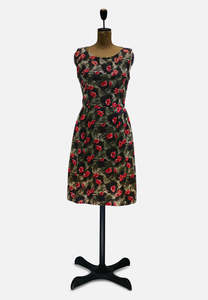 Dresses: Authentic Vintage Khaki Green Red Floral Painterly Print Shift Dress