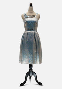 Dresses: Silver and Teal Iridescent Lurex Brocade Cocktail Dress with Corsage Strap Detail