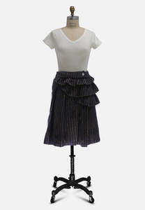 Navy Wool-Blend Pinstripe Ruffle Wrap Skirt