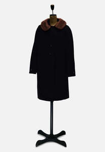 Jackets Coats: Sharella Five-Foot-Four black wool A-line coat with warm fur collar. Made in New Zealand from English broadcloth. Authentic 1960s fashion at Painted Bird Vintage NZ