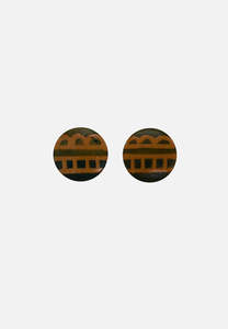 Vintage Teal Pattern Round Wood Clip On Earrings