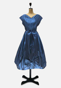 Teal Blue Iridescent Satin 1950 Cocktail Dress with Bow Detail Marsha Mayne