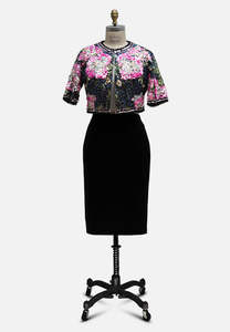 Incredible Navy Silk Floral Sequin & Bead Cropped Evening Jacket