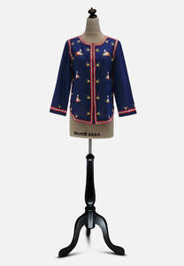 Tops Shirts And Blouses: Lily 1970s Navy Embroidered Folk Floral Long Sleeve Blouse