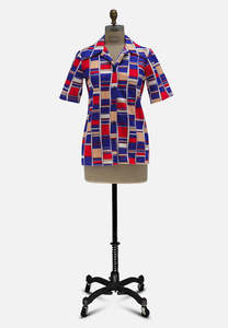 Canterbury New Zealand 1970s Bold Geometric Block Print Short Sleeve Blouse