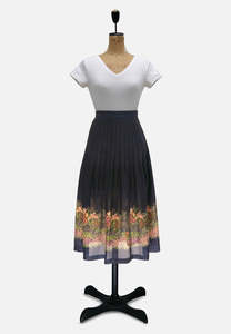 Skirts: Pru Fischer New Zealand 1960s Midnight Navy Silk Pleated Floral Border Skirt
