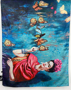 Scarves: Frida and Butterflies Scarf Teal & Artwork I The Villa Collection