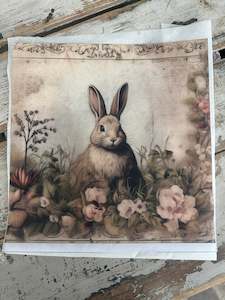 Woven Decoupage Papers: Bunny sitting in Forest with flowers Paper for Decoupage Square
