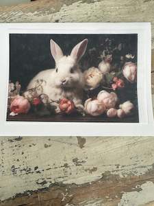 Woven Decoupage Papers: White Bunny on Black w roses Paper for Decoupage A6