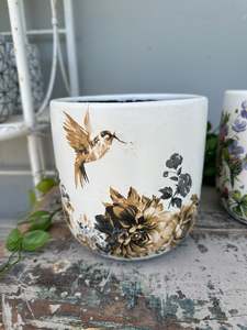 Hand painted Ceramic Pot white w gardenias