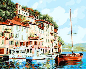 Seaside Village and Boat Paint by Numbers - Paint My Numbers