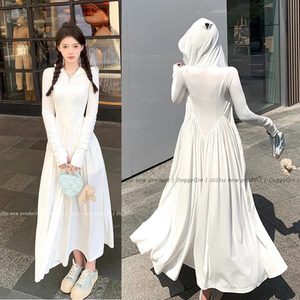 Trench Coat Jacket with Ponytail Hoodie Sun Protection Maxi Dress