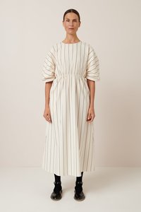 Ellora Dress | Greige Pinstripe