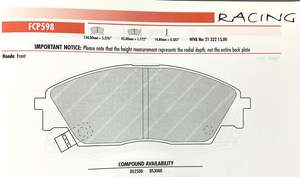 Ferodo Brake Pads: Ferodo FCP598C Brake Pads 4003 Honda Front