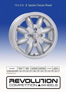13 Inch Wheels: Revolution 13 x 5.5 8 spoke 4x101.6 ET25 Silver - sold as set