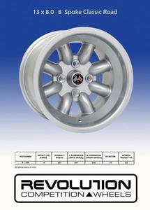 13 Inch Wheels: 13 x 8.0 8 Spoke 4x108 standard stud