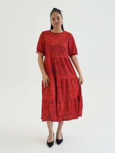 Womens Dresses Puletasi: TIMENA RED BABYDOLL MIDI DRESS