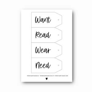 Digital Downloads: Printable Want, Need, Wear, Read tags