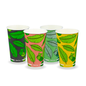 Leaf Print Paper Cold Biocups: BioPak 510ml/16oz Cold Paper BioCup