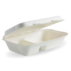 Sugarcane Clamshells: BioPak 9x6x3" 2-Compartment Clamshell Made from Sugarcane Fibre - Home Compostable