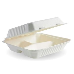 Sugarcane Clamshells: BioPak 9x9x3" 3-Compartment Clamshell Made from Sugarcane Fibre - Home Compostable