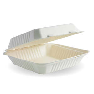 Sugarcane Clamshells: BioPak 9x9x3" White Clamshell Made from Sugarcane Fibre - Home Compostable