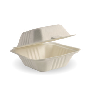 BioPak 6x6x3" Natural Sugarcane Fibre Clamshell - Home Compostable