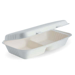 BioPak 11x6x3" 2-Compartment White Clamshell Made from Sugarcane Fibre - Home Compostable