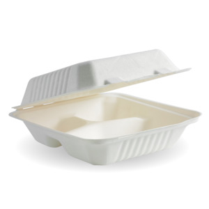 Sugarcane Clamshells: BioPak 7.8x8x3" 3-Compartment Clamshell Made from Sugarcane Fibre - Home Compostable